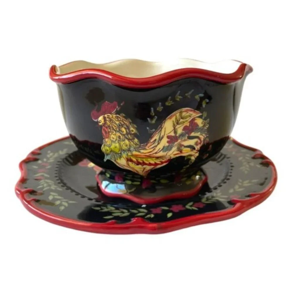 April Cornell Ceramic French Country Rooster Set of 2 Bowl & Plate's